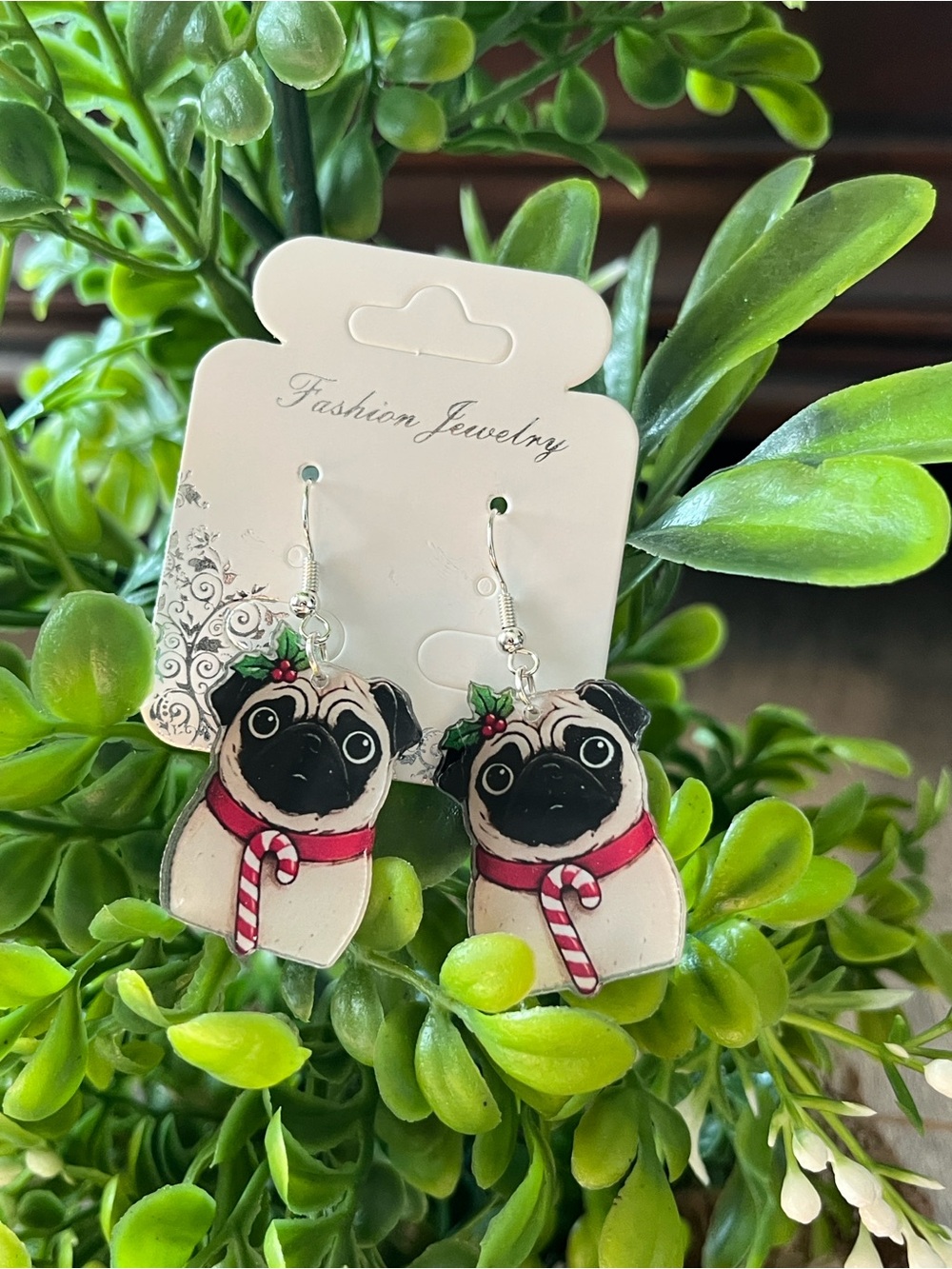 Pug Holiday Dog Earrings w/Paw Print Bag πΎππΎ Festive Design - Picture 7 of 9